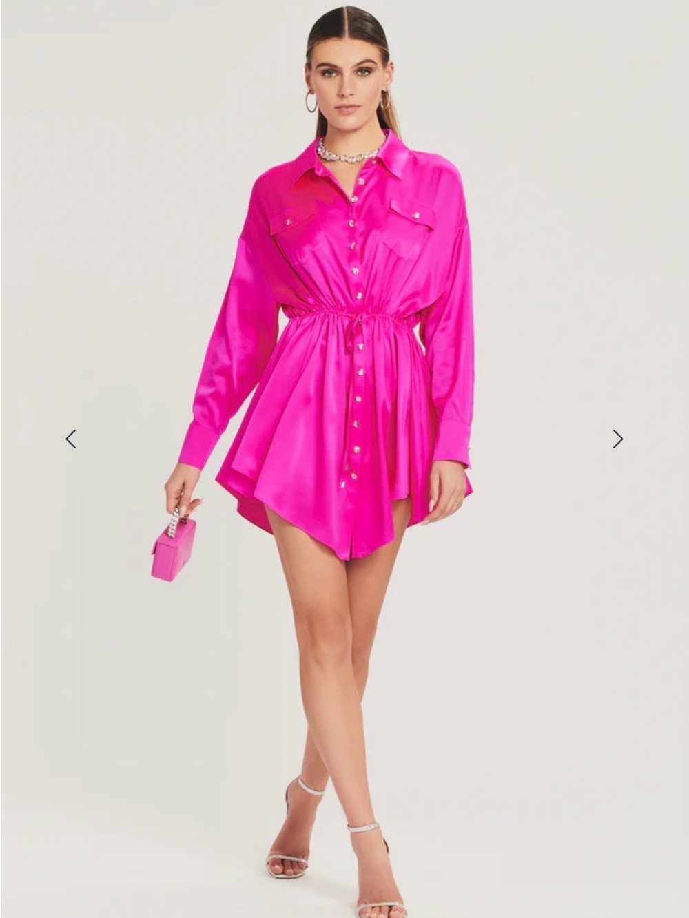 Retrofete LEE DRESS Hot Pink Satin Shirt Dress with Drawstring Waist